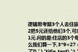 逻辑思考题3个人去住旅店.每人10元,给了店主30元.可店主觉得30贵了,又让小2把5元还给他们3个,可店小2从中间贪了2元,然后给他们三个住店的人每人还了1元.问的是:住店的3个每人交了10元,又让店小2退了1元,那就是每人掏了9元,那么我们算一下,3*9=27（在加上店小2贪的2元,27+2=29,那么还有1元跑哪去了?